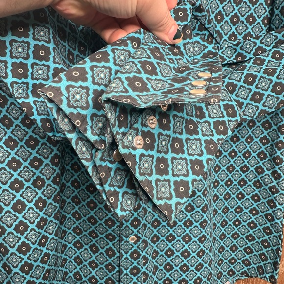 VTG 80s Wrangler Wrancher Western Cowboy Turquoise Pearl Snap Abstract Shirt Lg - Picture 4 of 8